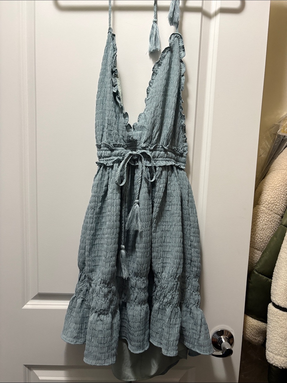 Storia Light Blue Backless Smocked Ruffle Dress with Tassel Tie